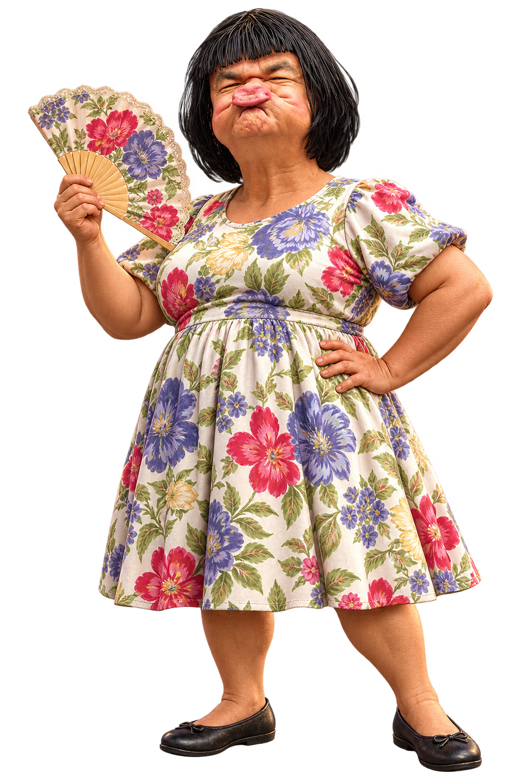 Lindeza com cabelo preto, nariz rosa e vestido florido